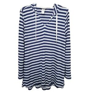 La Blanca Blue Striped Slouchy Hooded Sweater Swimsuit Cover-Up Tunic Size MED